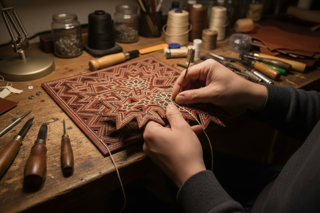 Artisan hands crafting traditional leather pattern design