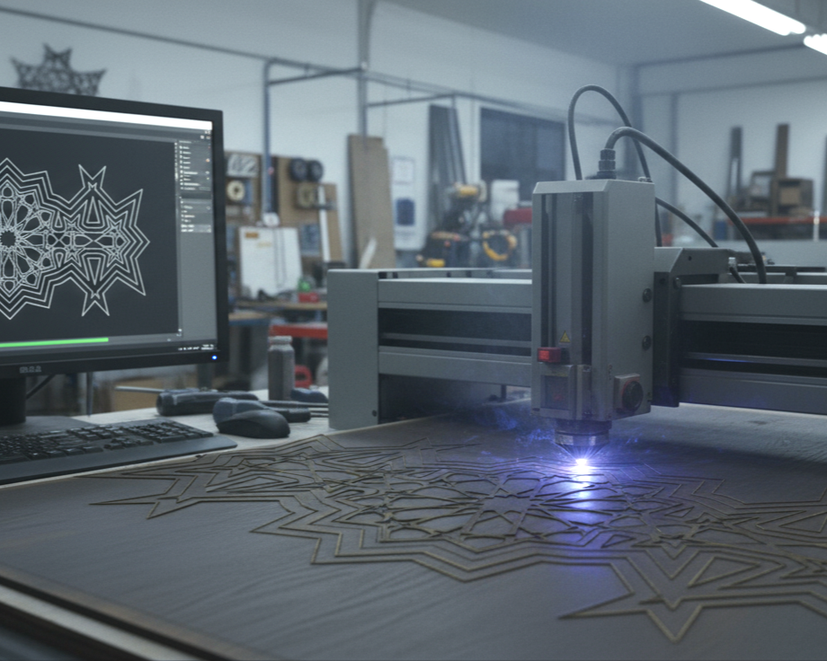 Laser cutting machine creating wooden decorative patterns